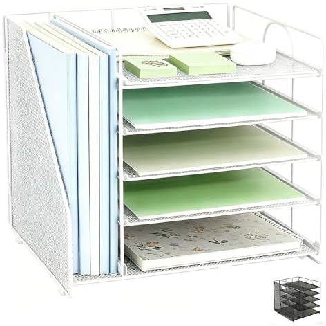 Pygocereri Schreibtisch Organizer und Zubehör, 5 stöckige Papierablage mit Aktenhalter, büro Organizer für Büro Bedarf Dokumentenablage (Weiß)