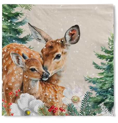 Mank Tissue Serviette Kemi, 100 Stück, hochwertige 3-lagige Einwegservietten Weihnachten, festliche Tischdeko mit Rentier Reh Motiv, Papierservietten für Winterfeiern (40 x 40 cm, 1/4-Falz)