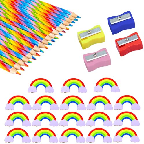 Glamifyr 18 Stück Regenbogenstift für Kinder – Regenbogenstifte Kinder & Buntstifte Kinder inkl,18 Regenbogen Radiergummi und 4 Farben Bleistiftspitzer, Dreikant Farbstifte, Schule Büro Haushaltswaren