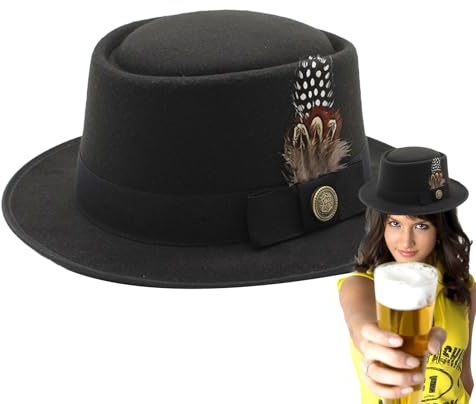 Cappello da costume bavarese per Oktoberfest, melone nero, cappelli Oktoberfest da uomo, con piume, emblemi, per costume da Oktoberfest, abiti da donna con piume ed emblemi