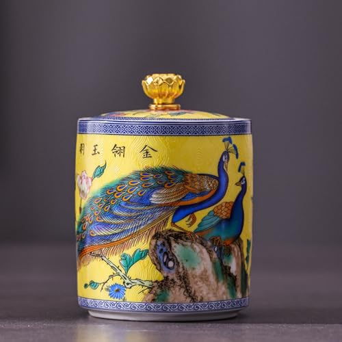 Chinese Ceramic Peacock Enamel Storage Jars with lids | Tea caddy, for tea, coffee, spices and sweets(Yellow,S)