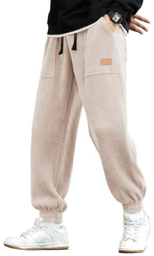 WINKEEY Pantalon Homme en Velours Côtelé Jogging Taille Élastique Cordon de Serrage Pantalon Cargo Décontracté Automne Hiver, Beige 3XL