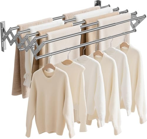 AKOZLIN Extendable Wall-mounted Clothes Drying Rack Stainless Steel Foldable and Retractable Towel Rack 42-80cm Large Capacity 7 Bars for Bathroom Balcony,Silver-Small