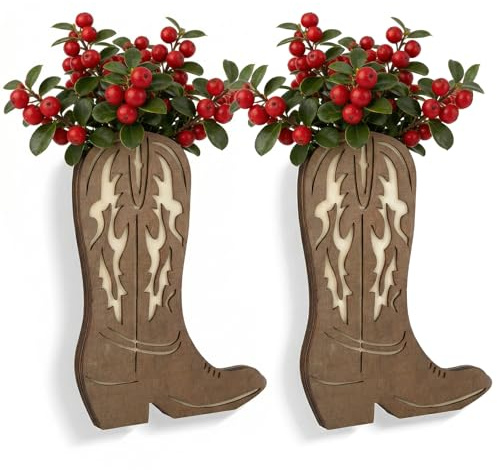 2 Pcs Cowboy Boot Vase Country Room Decor Wood Cowboy Boots Wall Planter for Indoor Western Decor Vase for Flower for Bathroom Bedroom Kitchen Western Party Decoration(Retro Style)