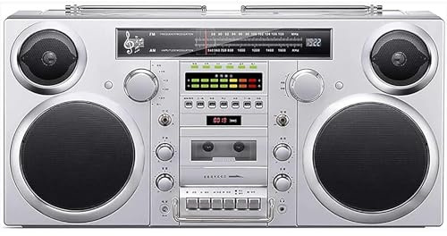 Reproductor de CD y casete retro 3 en 1 Boombox con Bluetooth 5.0, radio AM/FM y grabación USB/SD (plateado)