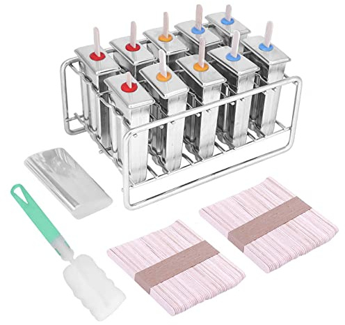 Molde para paletas de helado de acero inoxidable, sin BPA, 304, duradero, de grado alimenticio, para golosinas congeladas caseras, con 100 palitos de madera y soporte, plateado, (Cabeza plana)