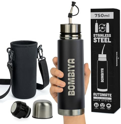 Mate listo 750ml con todas sus partes de acero inoxidable – Termo mate 2 en 1 cambiando su tapa es un termo clásico – Automate para tus mates argentinos o terere (Negro)