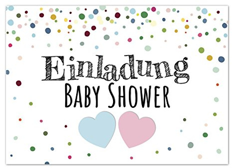 8 x Einladung Baby Shower Party/Einladungskarten mit Umschlag im Set/Motiv: Konfetti Look 2 Herzen, rosa und blau/Babyparty Karte/Postkarte /
