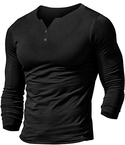 Uomo Henleys Casual Manica Lunga Maglietta Singolo Pulsante abbottonatura Plain v Neck Camicie in Cotone Nero M