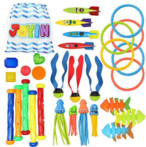 JOYIN 30 Stück Tauchen Spielzeug Unterwasser, Kinder Tauchspielzeug Set: 5 Tauchstäbe, 6 Tauchringe, 5 Piratenschätze, 4 Toypedo Banditen, 3 Algenspielzeug, 3 Fischspielzeug, 4 Krake
