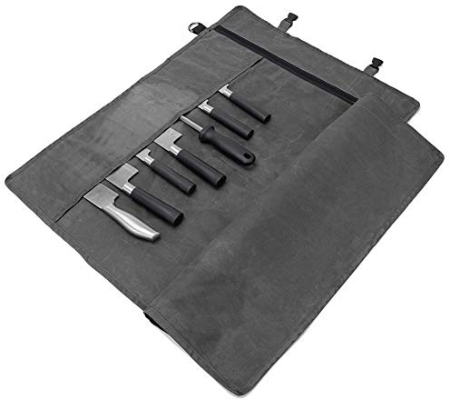 HERSENT Borsa arrotolabile per coltelli da cuoco, in tela cerata, porta coltelli portatile, con 10 scomparti e 1 tasca con cerniera, può contenere coltelli da cucina fino a 47,8 cm