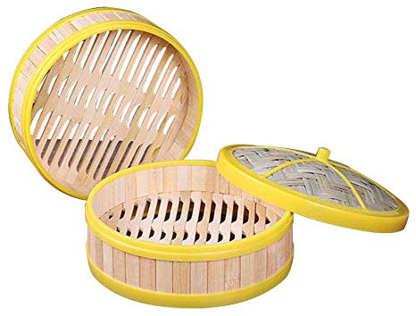 YUEWO 2 Tier Bamboo Steamer Perfect for Steaming Dim Sum Dumplings Buns Vegetables Fish Rice, Non-Stick Pad (12 INCH)