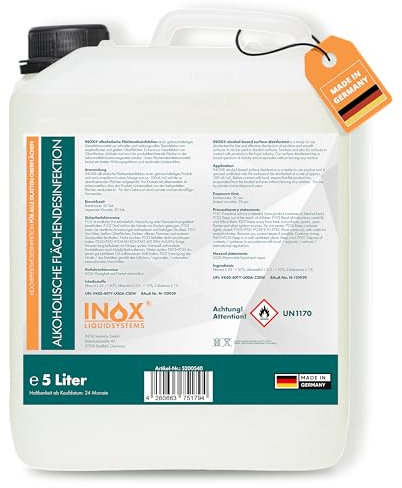 INOX® Flächendesinfektionsmittel 5L – Alkoholische Flächendesinfektion für alle glatten Oberflächen – Hochwirksames Desinfektionsmittel für Flächen