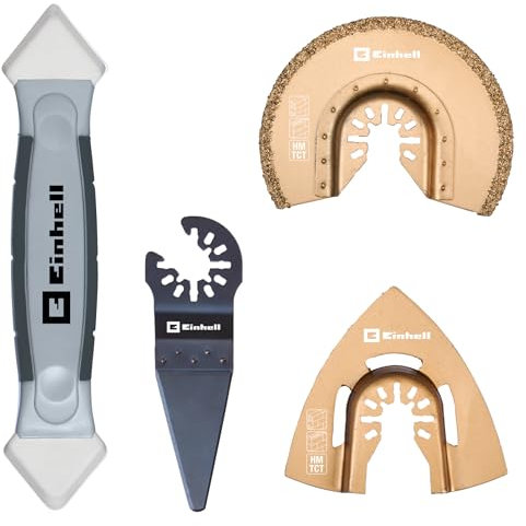 Einhell - Set di 4 piastrelle multiuso (accessori per utensili multifunzione, sistema Starlock, per piastrelle, raspa delta, lama segmentata, raschietto, levigatrice per fughe