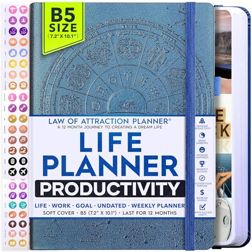 Planificador de ley de atracción: planificador semanal de lujo, mensual, un viaje de 12 meses para aumentar la productividad y la felicidad, organizador de vida, diario de gratitud y pegatinas | Diario de manifestación Start Anytime con programación por hora, establecimiento de objetivos, rastreador de hábitos