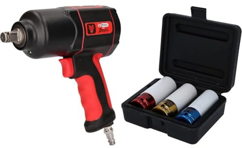KS Tools 515.1200 THE DEVIL Hochleistungs-Druckluft-Schlagschrauber, Schwaz/Rot, 1/2 Zoll, max. Löse-Drehmoment 1600Nm & 515.1005 1/2 Alu-Felgen Kraft-Stecknuss-Satz, 3-tlg.