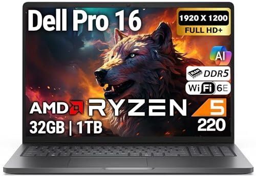 Dell Pro 16 FHD 16 Display Business Laptop, AMD Ryzen 5 220, 32GB DDR5 RAM, 1TB SSD PCIe, Tastiera retroilluminata, WiFi 6E + BT, RJ-45, HDMI, AI PC, HD Webcam, Windows 11 Pro - Magnetite Nero