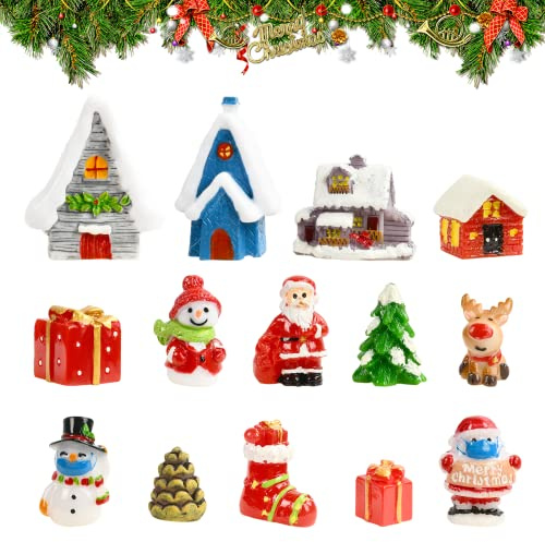 KATELUO 12 Piezas Mini Adornos Navideños de Resina, Mini Adornos de Navidad, Muñeco de Nieve, Árbol de Navidad, Papá Noel, Mini Figuritas de Navidad, para Decoración de Fiesta/Jardín/Navidad