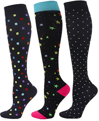 Zingso 3 Paar Kompressionsstrümpfe für Damen und Herren, 20-25 mmHg Bunte Kompressionssocken Stützstrümpfe für Laufen Sport Flug Reise (as3, alpha, s, m, regular, regular, Farbe mischen(3)-2, S/XL)