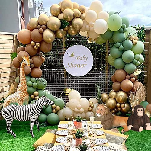 Arco Palloncini Giungla, Ghirlanda Palloncini Verde Salvia e Oro, Palloncini Compleanno Jungle per Safari Baby Shower, Wild One, Decorazione Sfondo Festa Primo Compleanno Giungla