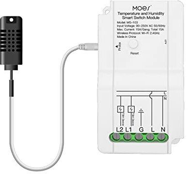 MOES WiFi Smart Modulo interruttore fai da te con sensore di temperatura e umidità, controller a doppia uscita, telecomando wireless per app Smart Life, funziona con Alexa Google Home