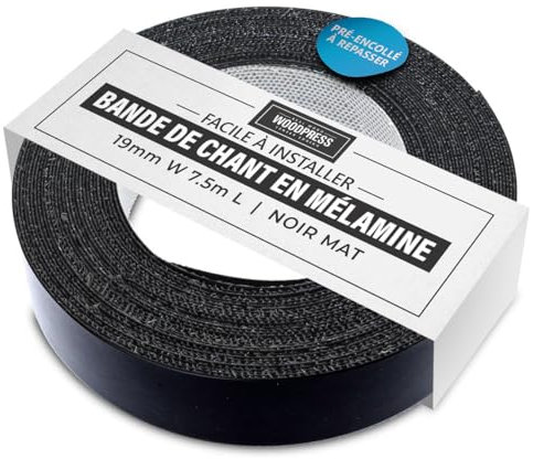 WoodPress® 19mm Matt Black Melamine Edging, Pre-Glued Veneer Tape – 7.5m Roll - Iron-On for Easy DIY Application – Will Cover the Edge of a Standard MDF Panel