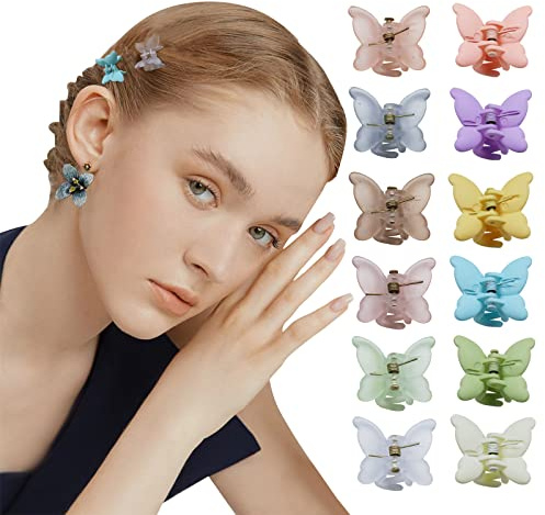 Kavya Fermaglio per capelli a forma di farfalla, piccolo, 12 pezzi, da donna, opaco, trasparente, con farfalla, per capelli e ragazze