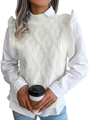 FEOYA Femme Pull Tricoté sans Manche Col V Gilet en Tricot Rayé à Carreaux Pull Chaud Classique Casual Mignon Décontracté Ample Vintage Débardeur Chandail Top Tricot Hiver Automne Printemps Blanc S