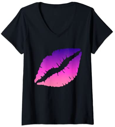 Damen Purple Lips Lippenstift Kiss 80er Jahre Kostüm Retro Band T-Shirt T-Shirt mit V-Ausschnitt