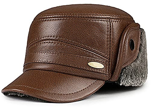JIARY Mütze Herren,Fliegermütze,Outdoor-Lederhut Für Herren Mit Winddichter, Warmer Ohrenschützer-Lederhut,Trappermütze Aus Pelz Für Herren,Braun,XXL (59~60cm)