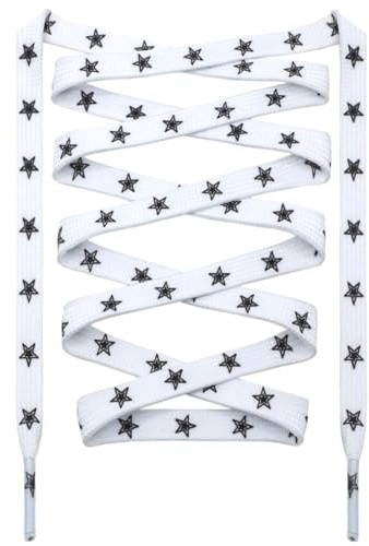 DANHUA Colored Printed Flat Shoelaces: White Black Star Laces 63 Inch