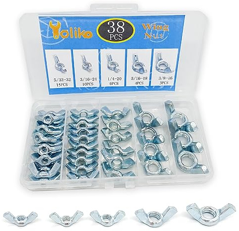 Yoliko 38 Pcs 5 Sizes 5/32,3/16,1/4,5/16,3/8 Wingnuts, Quality Carbon Steel Wing Nuts Zinc Plated Fasteners Parts Butterfly Nut, Hand Twist Tighten Hardware Nuts Butterfly Wing-Nut Assorted Kit