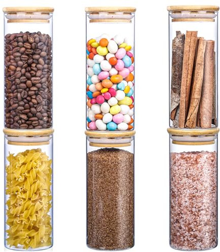 BELLE VOUS 6er Pack Durchsichtiger Vorratsdosen Glas mit Deckel aus Bambus mit Aufklebern - 450 ml Vorratsdosen mit Deckel Luftdicht für Küche/Speisekammer - Für Gewürze, Müsli, Süßigkeiten & Mehr