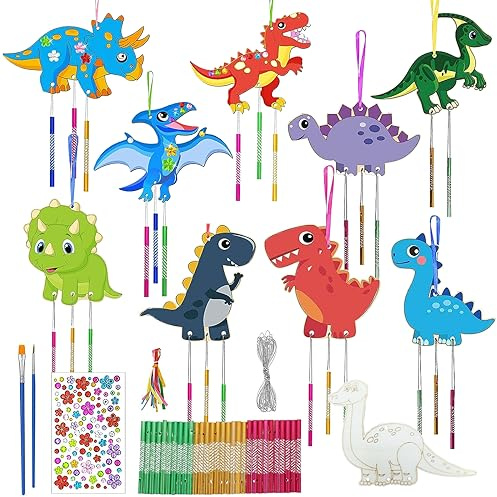 Seasboes Dinosaurier Windspiel Bastelset DIY, 10 Stück Bastelset Holz Windspiel, Kinder Basteln Dinosaurier Deko, Kreativ Kunsthandwerk Bastelhandwerk zum Basteln Geschenk für Party Kindergeburtstag