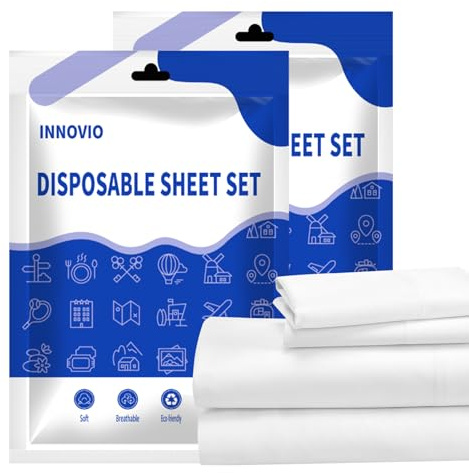 INNOVIO Confezione da 2 lenzuola usa e getta per viaggi, set di biancheria da letto usa e getta con 2 lenzuolo, 2 copripiumino e 4 federe, copriletto portatile per viaggi, hotel, campeggio,