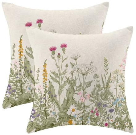 AEIOAE Spring Flower Pillow Covers 22 X 22 Inch Set of 2, Green Herbs Plant Leaf Floral Throw Pillow Covers Spring Cushion Case Farmhouse Decorative Pillows for Couch Sofa Home