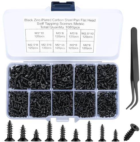 1080 Stücke Kleine Selbstschneidende Schrauben, M2/M2.5/M3 Holzschrauben, 6mm/8mm/10mm Flachkopf Kreuzkopf Blechschrauben Schrauben Set für Bürogeräte, Holzmöbel. (Schwarz)