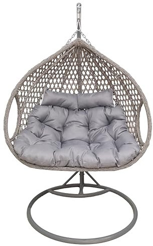 2mGoods Hängesessel mit Gestell für 2 Personen Grau, Korbhängesessel Outdoor & Indoor, Hängekorb Sessel Outdoor Garten, inkl. Gestell mit XXL küchrligen Rückenkissen, Polyrattan Hängestuhl 2 Personen