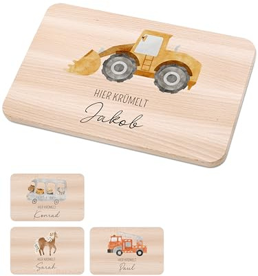 Bärenfreunde - Individuelles Holzbrett mit hochwertigem Spezial-Druck für Kinder - Personalisiertes Frühstücksbrettchen - Niedliche Motiv-Brettchen mit Namen (Bagger gelb)