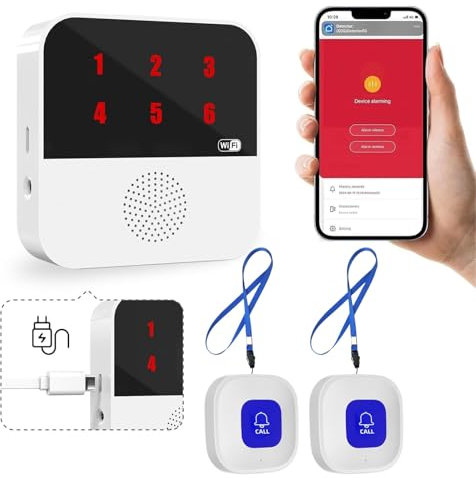WIOONI Notrufknopf für Senioren Notruf Kabellos Notfallknopf, Hausnotruf intern, Kompatibel mit Tuya Smart/Smart Life, WiFi Smart SOS Notrufknopf-Alarm Set 2 Sender 1 Empfänger (Nur 2.4GHz Wi-Fi)