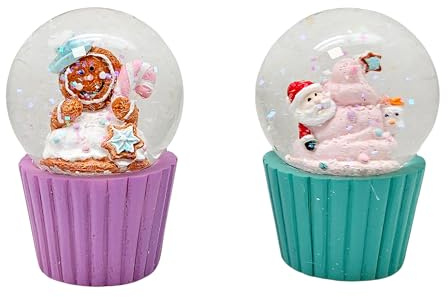2 süße Mini-Schneekugeln mit Weihnachtsmuffins | Pastellfarben Weihnachtsbäckerei | Gingerbread | Breite 45mm Höhe 65mm | 20313ab