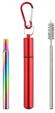 Pailles de voyage réutilisables, paille portable, lot de pailles pliables portables - Pailles en métal réutilisables avec 1 étui, 1 brosse de nettoyage, 1 porte-clés, accessoires de croisière pour