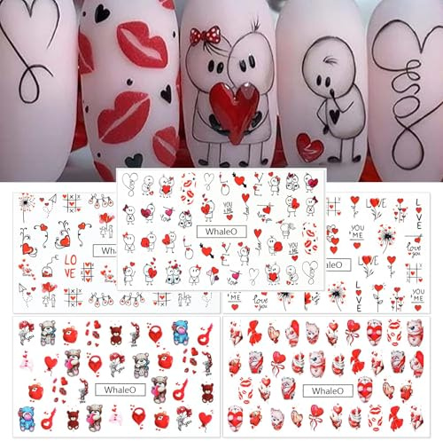 WhaleO 5 Stück Nagelsticker Nagel Stickers Nägel Sticker Set Fingernagel Sticker Aufkleber Nägel Nagelaufkleber Nageltattoos Nagellack Aufkleber Nail Design Nagel Deko,Roten Herzen und Cartoon-Designs