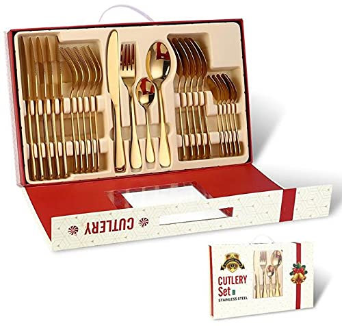 BOSHYUM Ensemble d'argenterie, Ensemble de Couverts 24 pièces en Acier Inoxydable, Ensemble de Vaisselle, Couteau, Fourchette, cuillère, Ensemble de Vaisselle Complet pour la Maison, Coffret Cadeau