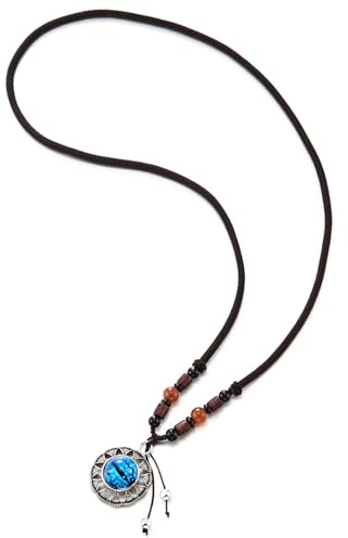 COOLSTEELANDBEYOND Boho Chic Halskette Blau Stein Bösen Augen Runder Medaille Anhänger, Bohemien Baumwolle Seil, Herren Damen