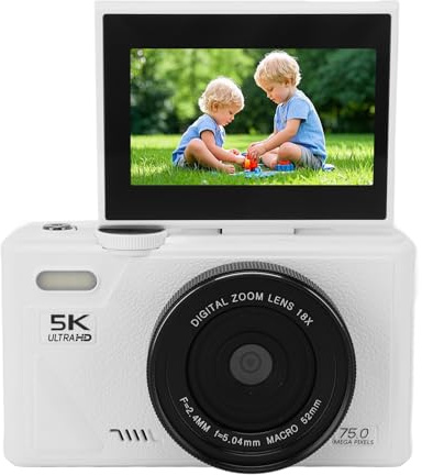 Appareil Photo Numérique 5K pour la Photographie, Caméra de Vintage 75 MP, écran 3 Pouces 180°, Autofocus, Zoom 18x, pour Les Voyages et Youtube (White)