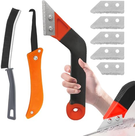 Rascador Juntas Azulejos, 8 pcs Removedor de Lechada para Quitar Lechada de Azulejos y Baldosas con 5 piezas de Repuesto Extra, 1 Cepillo para Quitar Baldosas(Rojo)