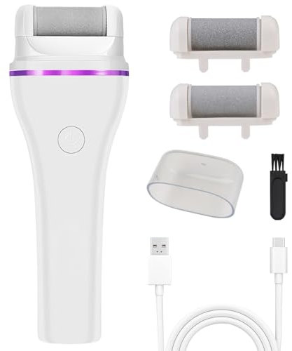 Electric Foot File Christmas Gifts Hard Skin Callus Remover Feet Grinder Foot Scraper Scrubber Pedicure Sets with 3 Replacement Roller Heads for Removing Hard Dry Dead Skin Feet Care Accessories White