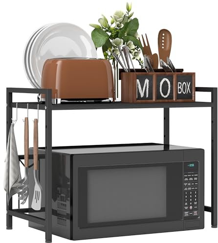 HOMCOM Expandable Microwave Oven Rack, 2-Tier Microwave Shelf Stand with 3 Hooks and Metal Frame, Countertop Kitchen Storage Unit, Black