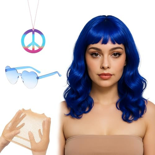 GWAWG 4 Stück Blaue Perücke, Herz Sonnenbrille, Haarnetz & Peace Necklace | Neon Bob Perücke Haarteile Damen für Karneval, Fasching, Halloween, Motto 80er Party, Cosplay, Mottoveranstaltungen
